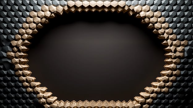 Abstract design featuring a hexagonal pattern in gold and black framing a central void photo