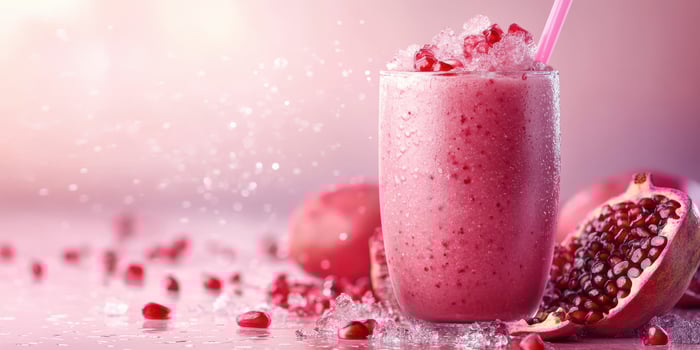 Refreshing pomegranate smoothie with crushed ice and vibrant garnishes in a soft pink background photo