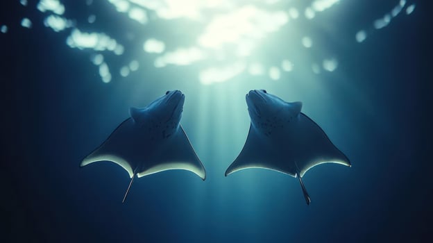 Two manta rays swimming together in the ocean. photo