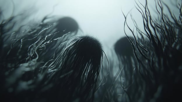 Dark and mysterious underwater scene with jellyfish photo
