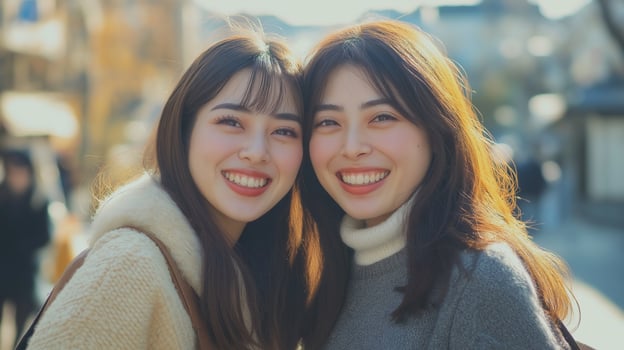 Two young women smiling warmly, embodying friendship and empowerment. Captured outdoors, the scene radiates positivity, celebrating women's achievements and solidarity on a sunny day photo