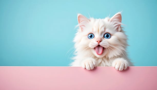 A cute Persian cat put its tongue out, peeking over the edge of an pink table with cute and hungry look. photo