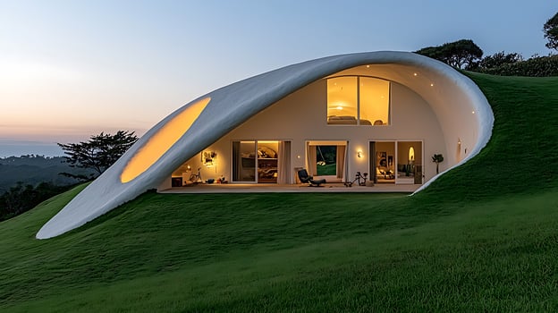 Modern Curvilinear House Hillside Home Organic Architecture Sunset View photo