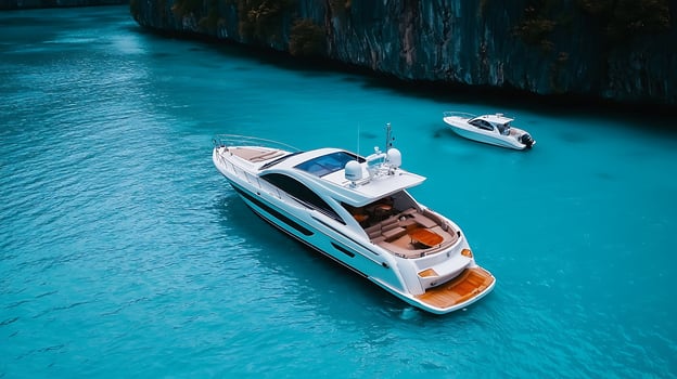 Luxury Yacht and Speedboat Anchored in Tropical Turquoise Bay Aerial View photo