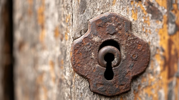 Close-up of a Rusty Vintage Keyhole on an Aged Wooden Door with Weathered Texture photo