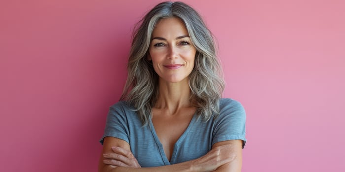 Stylish woman with gray hair posing confidently against a pink background in a light blue shirt photo