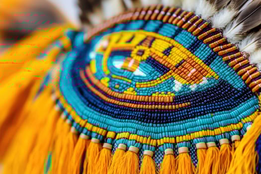 Close-up view of intricate Native American regalia adorned with ornate beadwork, feathers, and vibrant colors reflecting rich cultural significance photo
