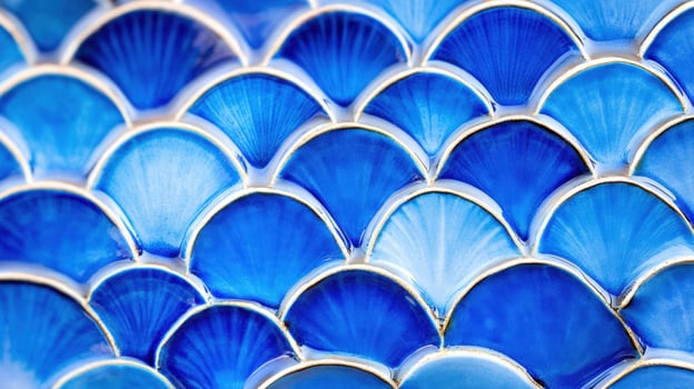 Close-up view of a luxury ceramic plate showcasing exquisite deep blue seashell patterns and intricate artisan craftsmanship photo