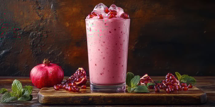 Refreshing pomegranate smoothie with mint leaves on a rustic wooden board photo