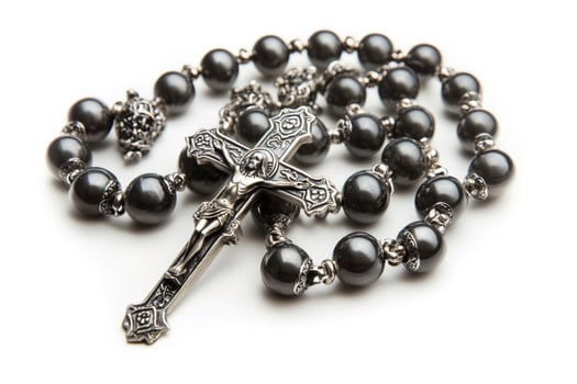Rosary with silver crucifix resting on white background photo