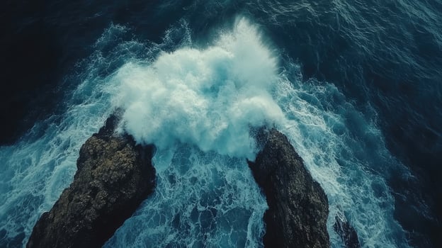 Powerful ocean waves crashing against rocky cliff, a breathtaking aerial photo