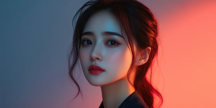 Portrait of a young woman with soft lighting in a studio setting, showcasing a serene expression and elegant features photo