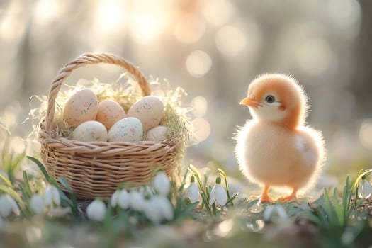 Little chick standing near easter eggs basket in spring forest photo
