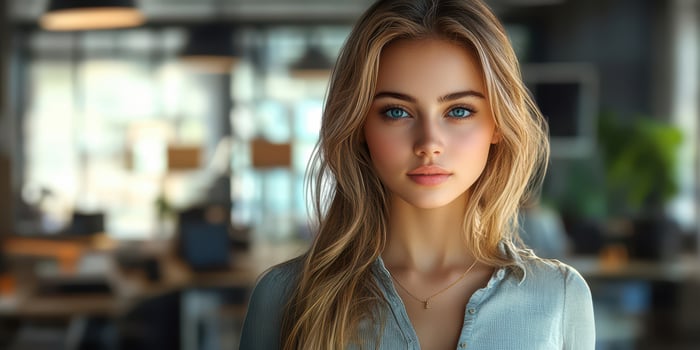Young woman with long hair and blue eyes posing confidently in a modern office environment during daytime hours photo