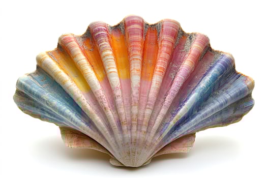 Colorful rainbow scallop shell lying on white background photo