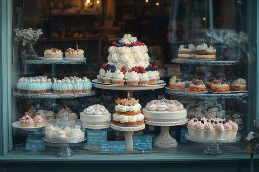 Delicious cakes and cupcakes decorating a pastry shop window photo