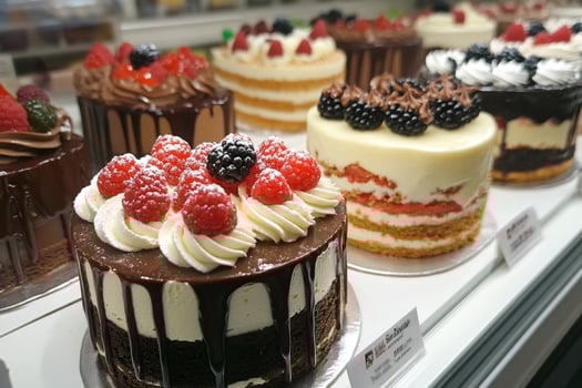 Delicious cakes with fresh berries topping sitting in bakery display photo