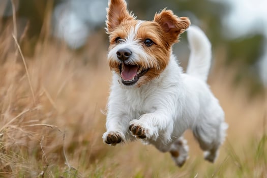 Jack russell terrier running happily in nature with ears flapping in the wind photo