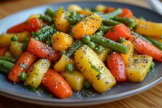 Steamed vegetables with salt and pepper resting on a plate photo