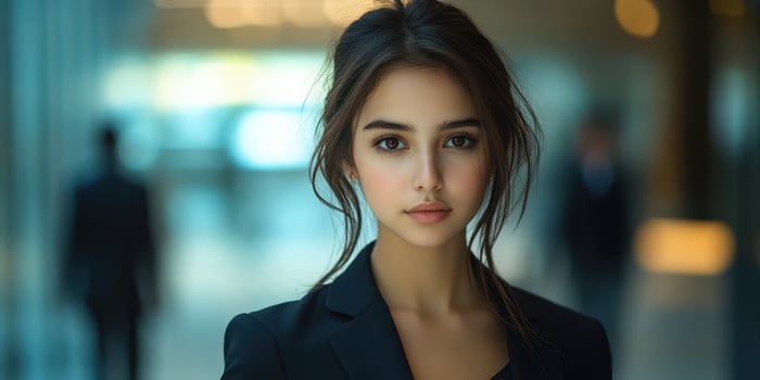 Young woman in formal attire stands confidently in a modern urban setting during daytime photo