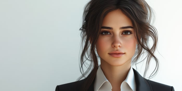 Young woman in elegant attire poses confidently in a minimalist studio setting during a fashion photoshoot photo