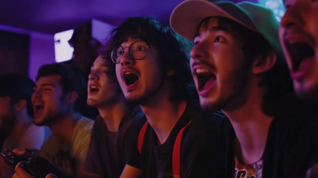 Excited gamers playing and cheering while streaming online game photo