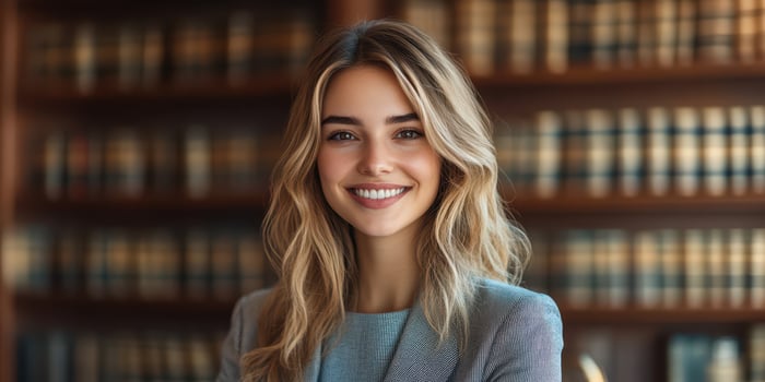 Smiling young woman in professional attire stands confidently in a law office surrounded by shelves of legal books photo