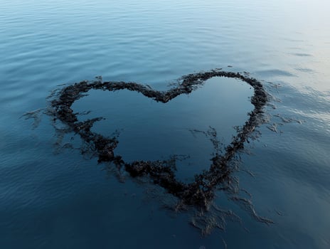 Global Economic Crisis Oil Concept. A heart-shaped formation in calm blue water, created by natural elements, symbolizing love and tranquility. photo