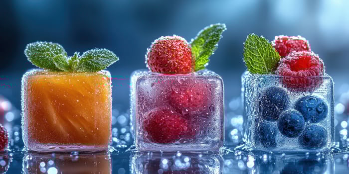 Colorful frozen fruit cubes with mint leaves displayed against a blurred background photo