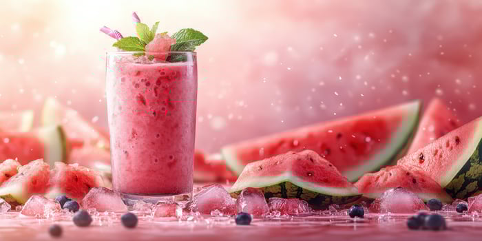 Refreshing watermelon smoothie garnished with mint in a vibrant summer setting with ice and fruit slices photo