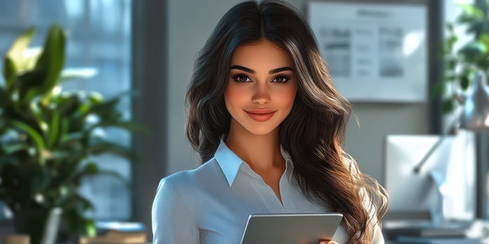 Professional woman in a modern office using a tablet during the morning hours photo
