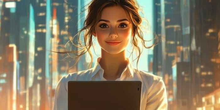 Young woman in modern attire holds tablet amidst a vibrant city skyline at sunset photo