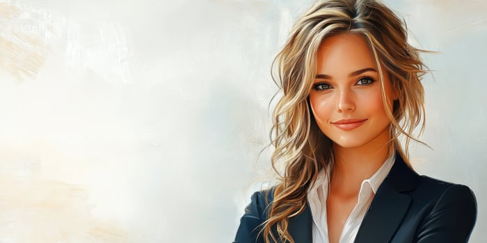 Confident young woman in business attire smiles warmly in a professional setting during daylight hours photo