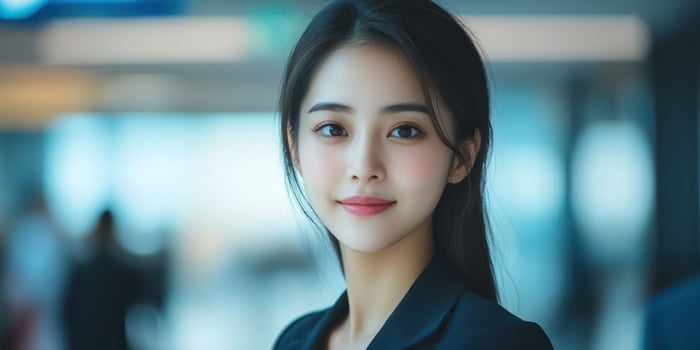 Portrait of a young woman smiling in a modern indoor setting during daytime photo