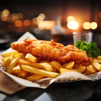 A plate of fish and chips with parsley photo