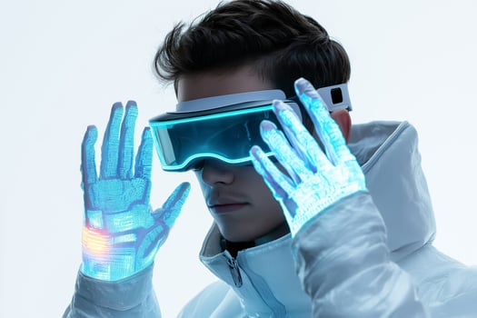 A man wearing a futuristic glove with glowing hands photo