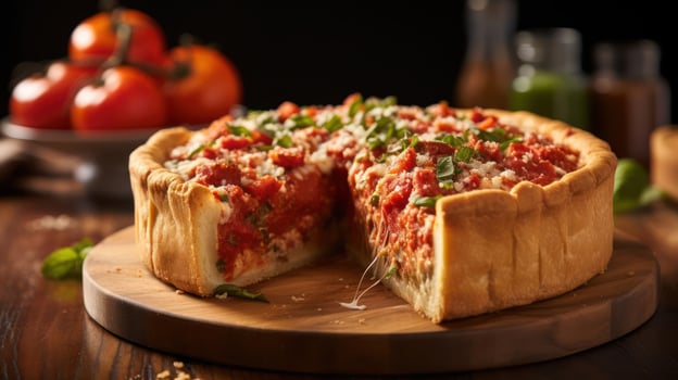 Deep-dish pizza with tomato sauce and fresh basil leaves photo