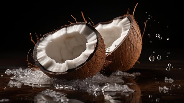 A coconut cut open to reveal its white flesh photo