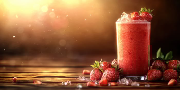 Refreshing strawberry smoothie garnished with fresh berries on a wooden table at sunset photo