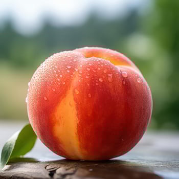 A peach with water drops on it sitting on a table photo