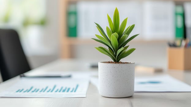Sustainable investment funds and plant growth for finance. Small potted plant on a desk among documents and office supplies. photo