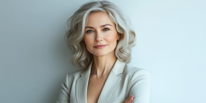Woman with Silver Hair in Professional Attire Posing for a Portrait in a Light Setting photo