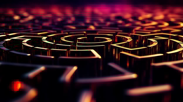 Intricate metallic maze structure with glowing edges, creating a surreal and captivating atmosphere photo