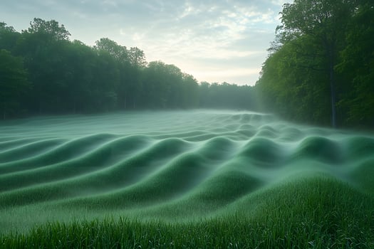 Mystical Foggy Landscape with Rolling Hills and Lush Greenery photo