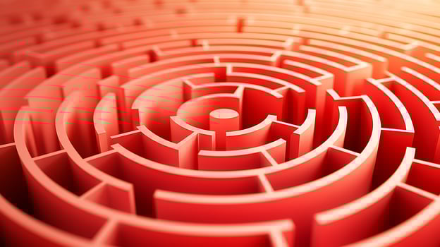 Intricate red maze design showcasing complex pathways and patterns in a vibrant setting photo