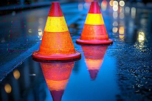 Safety and Caution Reflective Traffic Cones on Wet City Street at Night photo