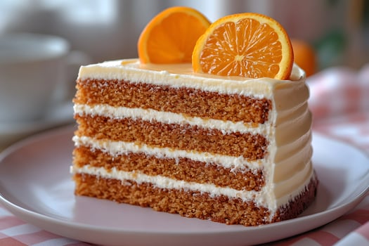 Delicious Layered Orange Cake Slice with Creamy Frosting for Dessert Lovers photo