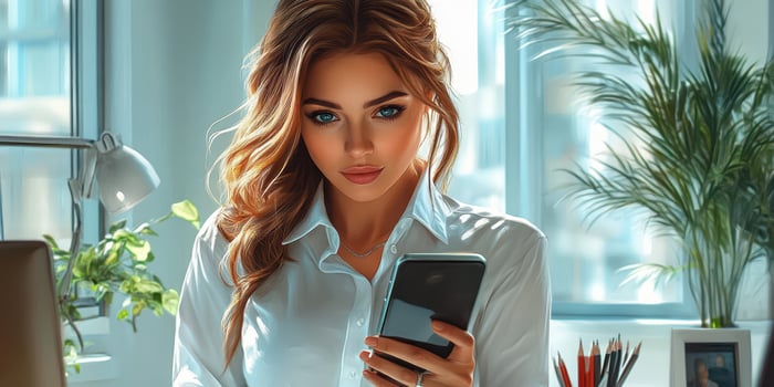 Professional woman engaged with smartphone in a bright office setting during the day photo