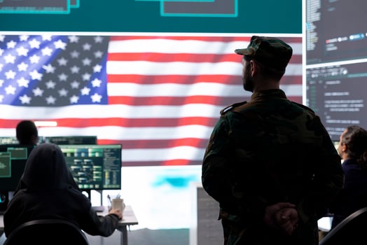 American military personnel supervising cyber warfare activity in high tech office, examine top secret intelligence on big screen. Governmental experts manage hybrid war, digital conflict prevention. photo