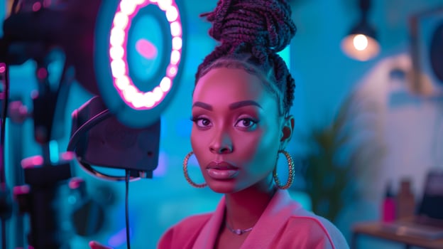 A model with braided hair poses in a contemporary photography studio. Colorful lighting enhances the artistic atmosphere as she showcases confidence and style. photo